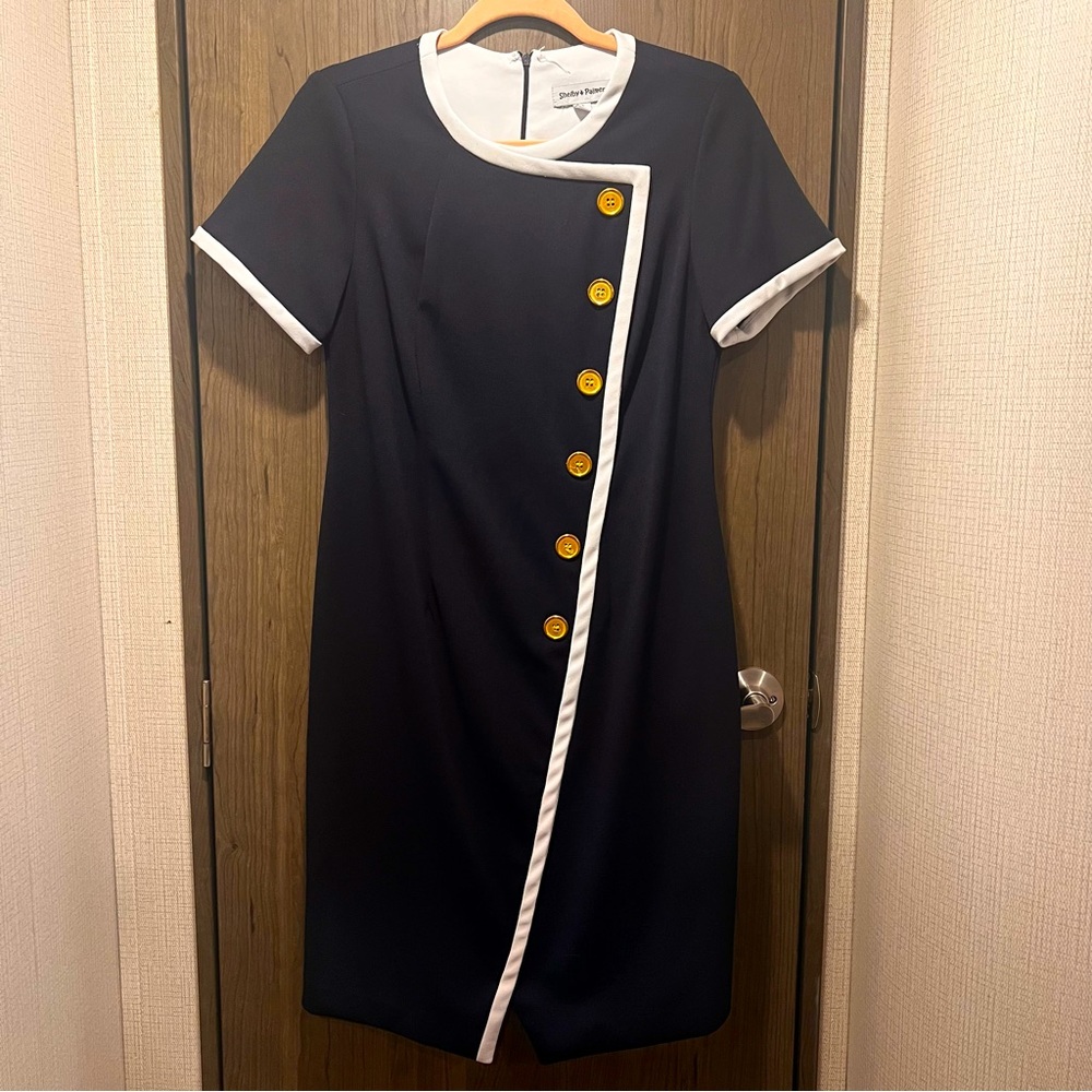 Shelby & Palmer Navy Shift Dress w/ Gold Buttons – Size 8